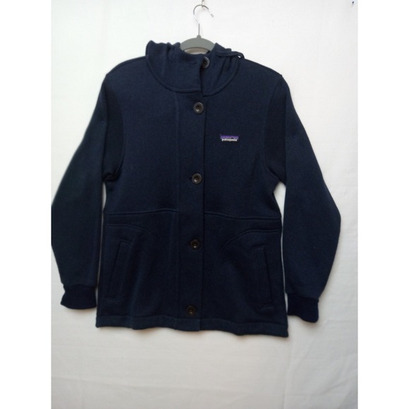 Patagonia Sweater Womens Small Blue Hooded Button Front Worn‎ Wear Recycled Wool - Picture 1 of 12
